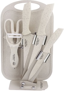 Набор ножей ZEIDAN  Z- 3114  7 пр (3 ножа, ножницы, овощечистка, разделоч.доска 32х21х0,2см, подставка)